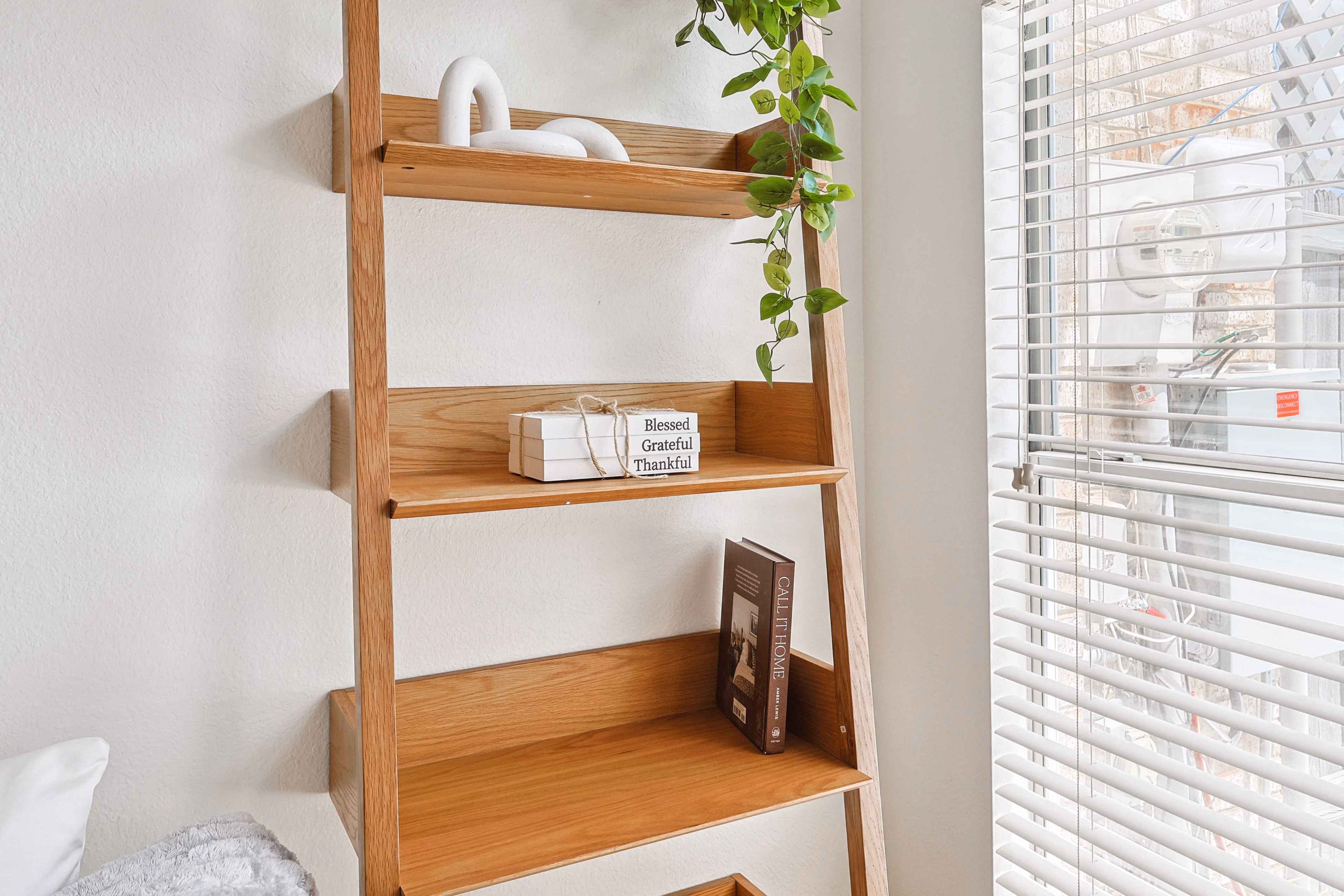 Great room — wooden ladder shelf with decor and trailing plant in front of arched window.
